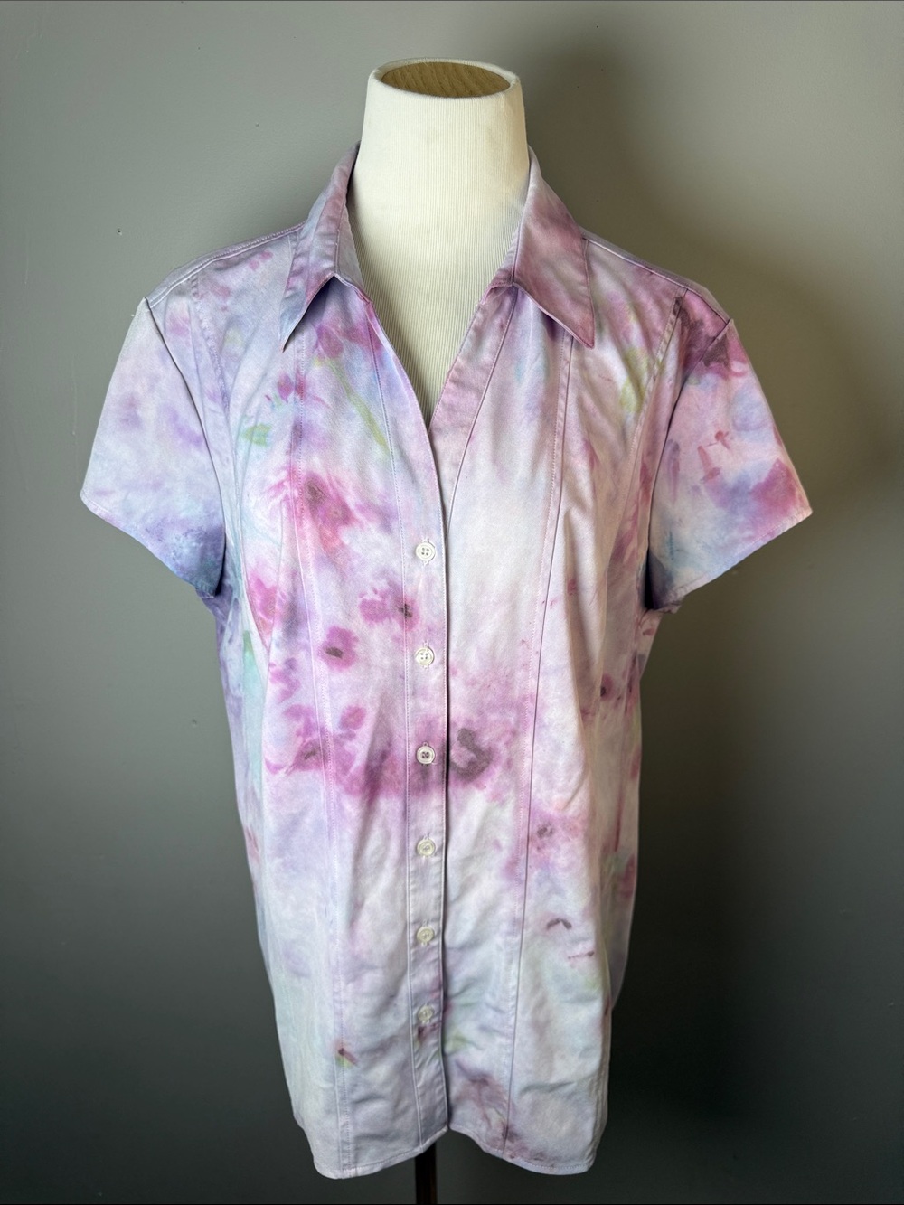 Tie-Dye Pastel Short Sleeve Button-Up Shirt - Purple & Pink